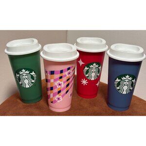 STARBUCKS REUSABLE PLASTIC CUP WITH LID HOT COLD LOT OF 4 16 OZ LIKE NEW